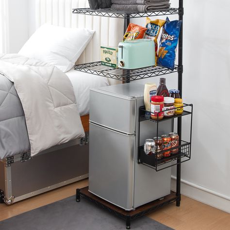 Xula Dorm Room, College Snack Cart, Dorm Room Mini Fridge Storage, Dorm Refrigerator Storage, College Dorms For Guys, Dorm Room Bathroom Organization, Pink Mini Fridge Aesthetic, Teen Room Decor For Boys Small Spaces Bedroom Ideas, Bedroom Snack Bar