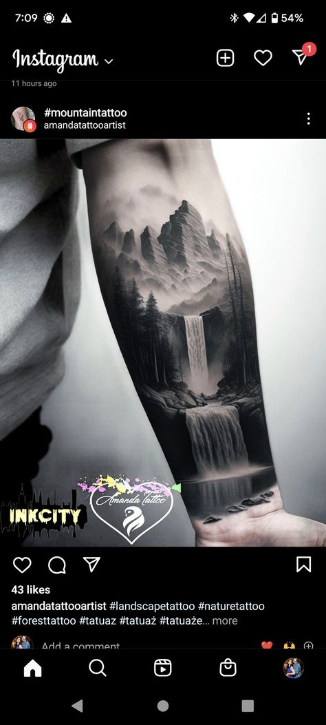 Climbing Mountain Tattoo, Water Fall Tattoo Design, Mountain With Waterfall Tattoo, Mountain And Waterfall Tattoo, Waterfall Sleeve Tattoo, Mountain With River Tattoo, Mountain Sleeve Tattoos For Guys, Waterfall Tattoos For Women, Mens Nature Tattoo Sleeve