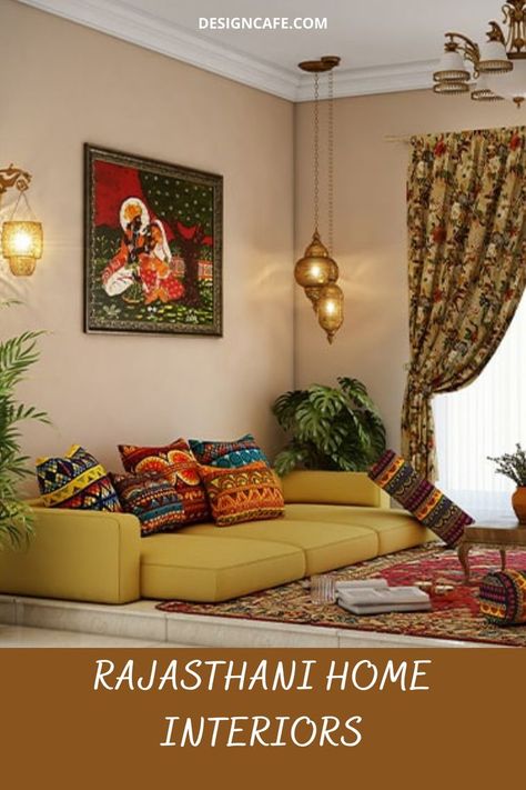 Rajasthani style interior design and decor ideas Indian Rajasthani Home Decor, Rajasthani Room Interior, Indian Style Living Room Decor, Traditional Interior Design Indian Living Rooms, Rajasthan House Interior, Rajasthani Living Room Decor, Rajasthani Home Decor Ideas, Traditional Indian Flooring, Traditional Home Interiors Indian