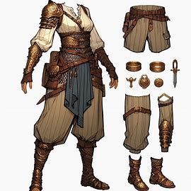 digital art style, casual armor warrior outfit design for a woman in dnd universe, loose pants, brass accessories, outfit design sheet - Image Creator from Microsoft Designer Croquis, Dnd Leather Armor, D&d Outfits, Heavy Armor Character Design, Rogue Dnd Outfit, Dnd Armor Design, Armor Drawing Reference, Dnd Clothing Design, Dnd Outfits Inspiration