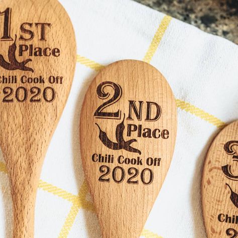 Chili Cook Off Table Display, Chili Cookoff Decorations, Chili Cook Off Ideas, Chili Cookoff Ideas, Chili Cook Off Decorations, Chili Cook Off Prizes, Halloween Chili, Engraved Wooden Spoons, Childcare Facility