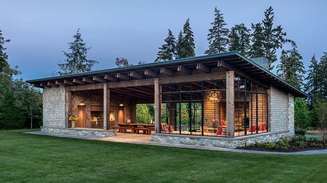 Case Study: Whidbey Fieldhouse by Hoedemaker Pfeiffer - Residential Design Garden Pavilion, Built In Bbq, Built In Seating, Whidbey Island, Timber Structure, Shed Roof, Metal Building Homes, Pole Barn Homes, Modern Exterior