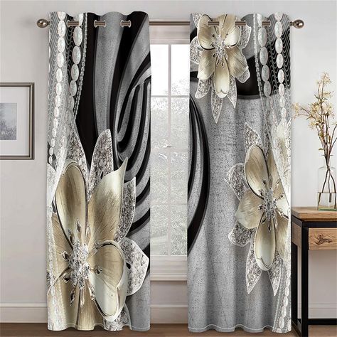 PRICES MAY VARY. ♥ Package Included - 2 panels of 42 W x 84 L inch each package (Total width 84" Hight 84").Top grommet (1.6 inch inner diameter). Note that the color of the reverse side is white. ♥ High-Quality Material - Made of 100% polyester blackout fabric, soft and smoot.Three layers of fabric, of which the middle layer is a sunshade fabric can effectively block UV rays and sunlight.. suitable for full seasons. ♥ Personalized Design - Using 3D digital printing , vivid patterns and bright c Black And Cream Living Room, Black And Gold Curtains, Luxury Curtains Living Room, White Walls Living Room, Insulated Drapes, Cream Living Rooms, Patio Door Curtains, Unique Curtains, 3d Diamond