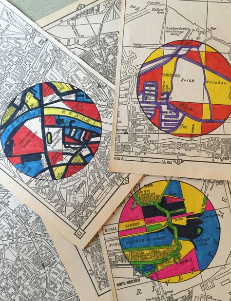 Circle Art Lesson, City Art Project, Art That Anyone Can Do, Ks3 Art Club Ideas, Using Maps In Art, Year 3 Art Ideas, Art Maps Ideas, Art Class Project Ideas, Elementary Art Projects Easy
