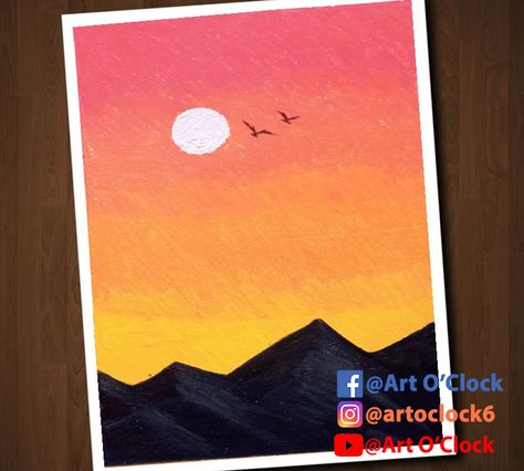 simple and easy oil pastel Sunset drawing for beginners. *for more click on link. Easy Drawings With Painting Colours, Easy To Draw Sunset, Oil Pastels Ideas For Beginners, Drawing With Crayons Oil Pastels, Sunset Easy Paint, Drawing With Watercolor Ideas, Pastel Beginner Art, Easy Paintings Ideas For Beginners, Sunset Simple Drawing