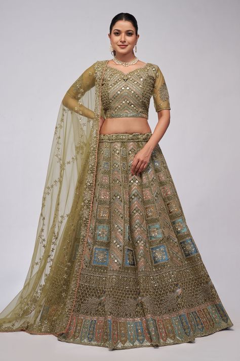 Step into the spotlight with our Designer Lehenga, meticulously crafted from luxurious net fabric, designed to make you shine at any function. This exquisite piece features intricate sequins work that sparkles with every move, ensuring you capture everyone's attention. The delicate net fabric drapes gracefully, offering an ethereal look that is both elegant and contemporary. A Line Lehenga, Net Lehenga, Lehenga Blouse, Half Sleeve Blouse, Bridal Lehenga Choli, Olive Green Color, Net Dupatta, Sequins Embroidery, Stone Work