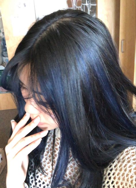 Navy Dyed Hair, Blue Hair Over Brown, Asian Blue Black Hair, Ashy Blue Highlights, Midnight Blue Hair Underneath, Navy Hair Highlights, Brown Blue Hair Color, Midnight Blue Hair On Brown Hair, Blue Highlights For Dark Brown Hair