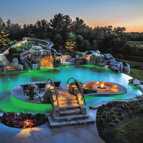 Unique Pool Backyard Waterfall Slide Designs Luxury Pools, Pool Waterfall Ideas, Waterfall Ideas, Dream Backyard Pool, Waterfalls Backyard, Pool Waterfall, Backyard Pool Landscaping, Dream Pools, Backyard Pool Designs