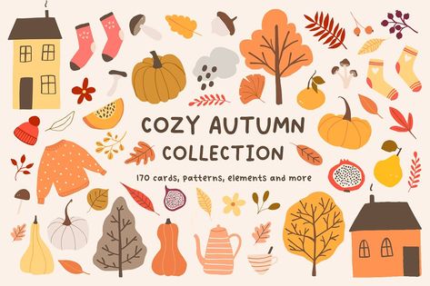 Fall Season Illustration, Cozy Design Graphic, Autumn Graphic Design, Fall Graphic Design, Cozy Grove, Autumn Illustrations, Fall Graphics, Autumn Elements, Fall Illustration