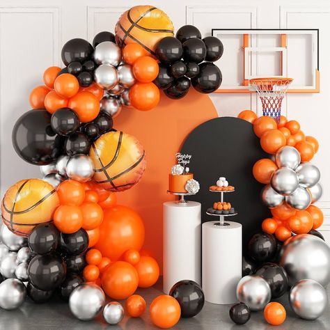 Amazon.com: Basketball Balloon garland kit Orange Black Metallic Silver and Basketball Aluminum Film Balloons for Sport theme Party NBA all star Space jam Birthday decorations : Toys & Games Basketball Themed Birthday Party, Basketball Party Decorations, Basketball Theme Birthday, Fest Temaer, Basketball Theme Party, Balloon Wreath, Basketball Decorations, Basketball Birthday Parties, Basketball Theme