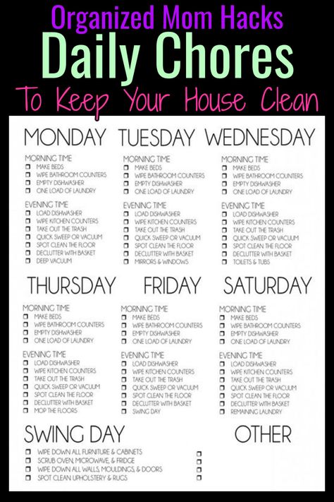 Organized mom hacks - daily chores to keep house clean - daily cleaning schedule for moms - both stay at home moms and working moms - printable cleaning checklist Daily Cleaning Schedule, Housekeeping Schedule, Monthly Cleaning Schedule, Cleaning Schedule Printable, Deep Cleaning Hacks, Clean House Schedule, Weekly Cleaning Schedule, House Cleaning Checklist, Weekly Cleaning