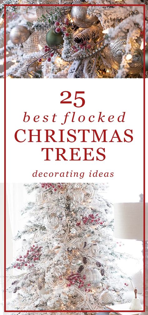 The best Inspiration and ideas for your Christmas tree this Holiday season! 25 gorgeous flocked Christmas trees decorated beautifully in different styles. Each tree is dusted in snow and chock full of ideas for how to decorate for the coziest season yet. Pre Lit Flocked Christmas Tree, How To Decorate A Pencil Tree Christmas, Flocked Christmas Tree Topper, Snow Themed Christmas Tree, How To Decorate A Pencil Christmas Tree, Flocked Pencil Christmas Trees Decorated, Elegant Christmas Tree Toppers Ideas, Snow Christmas Tree Ideas, Flocked Christmas Tree Decor Ideas