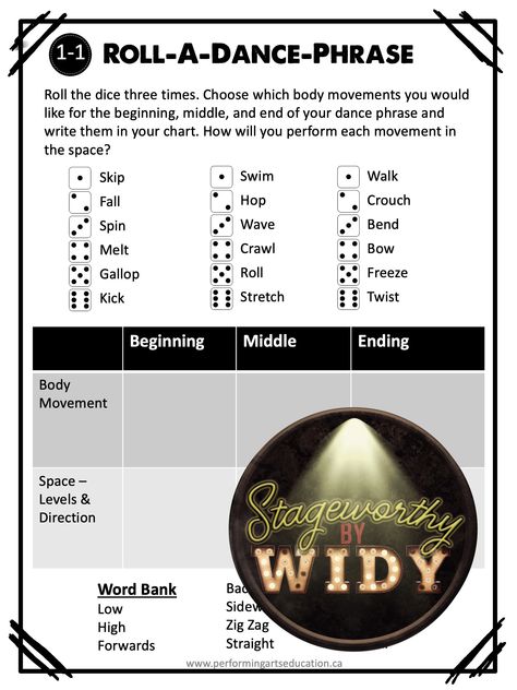 Teaching Dance Elementary, Elements Of Dance Worksheet, Improv Dance Prompts, Dance Lesson Plans Teachers, Dance Teacher Lesson Plans, Dance Improv Prompts, Dance Prompts, Dance Worksheets, Dance Lesson Plans