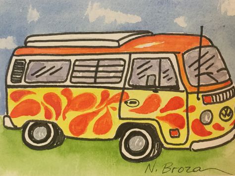 70s Van Drawing, Hippy Van Drawing, Vw Bus Drawing, Van Drawing, Bus Drawing, Advanced Drawing, Vans Painted, Hippy Art, Big Painting