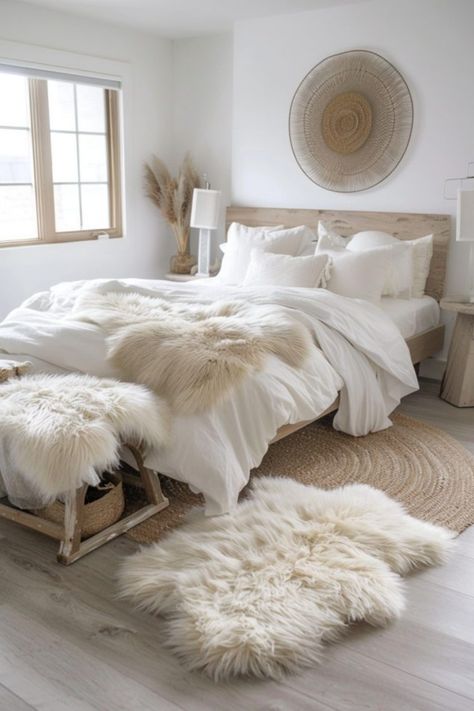 Cozy bedroom with white bedding, neutral tones, fluffy accents, and natural textures. Bedding Layering Ideas, Boho White Bedroom, Nude Bedroom Decor, Chic Neutral Bedroom, Nuetral Pallete Bedroom, Neutral Bedroom With Black Accents, Minimalist Boho Bedrooms, Modern Rustic Bedroom Ideas, Modern Cozy Bedroom Neutral