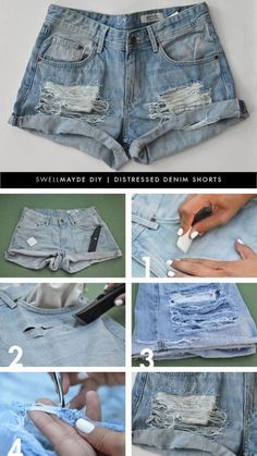 Making Jean Shorts, How To Make Ripped Jeans, Diy Clothes Refashion No Sew, Diy Denim Shorts, Diy Jean Shorts, Denim Hacks, Diy Distressed Jeans, How To Make Jeans, Jean Diy