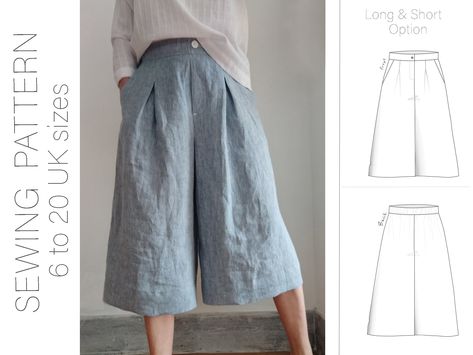 Culottes Pattern, Linen Culottes, Trousers Pattern, Collars Diy, Kleidung Diy, Couture Mode, Diy Sewing Pattern, Diy Sewing Clothes, Pantalon Large