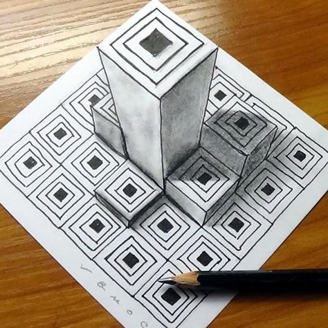 Towers by S. Vamos 3d Art Illusions, Opart Illusion Drawing, 2d To 3d Drawing, 3d Optical Illusions Art, Optical Illusions Art Drawing, Geometric Drawing Ideas, Op Art Ideas, Illusion Art Drawing Simple, Illusion Sketch