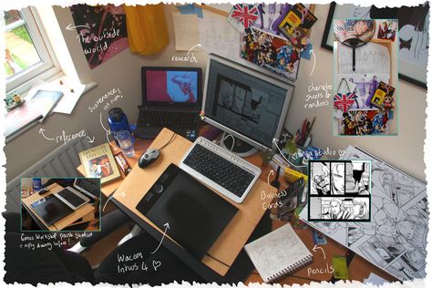 My desk! Image was made for an Imagine FX 'artist profile' article on my workspace. Organisation, Digital Artist Life Aesthetic, Manga Artist Workspace, Webtoon Artist Workspace, Digital Artist Aesthetic Workspace, Digital Art Desk Setup, Mangaka Workspace, Artist Desk Workspaces, Digital Artist Desk Setup