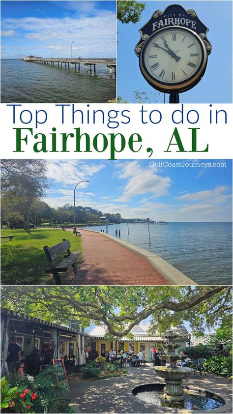 Top things to do in Fairhope, Al! Explore this cute southern Alabama coastal town and enjoy shopping, restaurants, history, and more! Things To Do In Fairhope Alabama, Fair Hope Alabama, Fairhope Alabama Things To Do In, Southern Road Trips, Gulf Coast Vacations, Alabama Vacation, Fairhope Alabama, Alabama Beaches, Fairhope Al