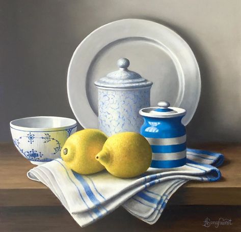 Anne Songhurst on Instagram: “Cornishware Pot with Lemons 12”x12” #stilllifepainting  #oilpainting #stilllifewithlemons #realismpainting #contemporarystilllifepainting” Portrait Rangoli, Dead Nature, Still Life Sketch, Composition Drawing, Still Life Pictures, Life Drawing Reference, Still Life Images, Object Drawing, Still Life Fruit