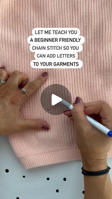 Hand embroided personalised jumpers - Pixie&Me on Instagram: "A slow and simple chain stitch tutorial! I use this stitch for evvvvverything! It is my absolute favourite and there are a few ways to do it! This is a simple beginner friendly way and I hope you give it a go!   The needle inside in this video is a 6mm blunt needle The yarn that I use is 200g acrylic, this is a personal preference and a yarn that I find so nice to work with!   I use purple fabric pens! They are air/water erasable!  My garments are bought wholesale and I buy in bulk so not ideal for small batches sorry, if you are wanting to buy in bulk I would highly recommend testing your own samples as what I find suitable might not be for you! Any small business needs to find their own perfect product so defo sample as many p Sewing Letters By Hand, Embroidery Stitches Chain Stitch, How To Embroider By Hand Chain Stitch, Patterns For Hand Embroidery, Embroidery By Hand On Clothes, Diy Chain Stitch Sweater, How To Write With Embroidery, Chain Stitch How To, Chain Stitch On Knitting