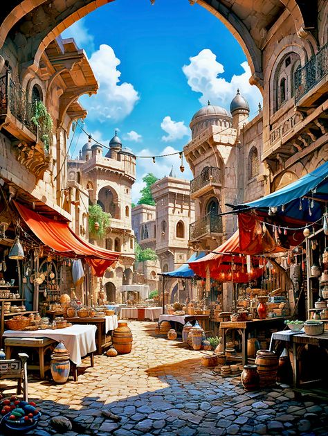 Arabian Buildings Concept Art, Fantasy Eastern City, Fantasy Middle Eastern City, Arabic Fantasy City, Fantasy Marketplace Concept Art, Middle Eastern Cities, Fantasy Market Art, Mediterranean Fantasy City, Tangled City