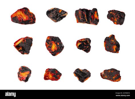 Download this stock image: Red hot coal stones set isolated white, burning natural black charcoal pieces texture, flaming anthracite rocks, glowing coal nuggets, smolder embers - 2G78WCN from Alamy's library of millions of high resolution stock photos, illustrations and vectors. Motion Design, Burning Coal, Burning Embers, Tattoo Sleeve, Image Processing, Red Hot, Black Charcoal, Art Project, Stone Settings