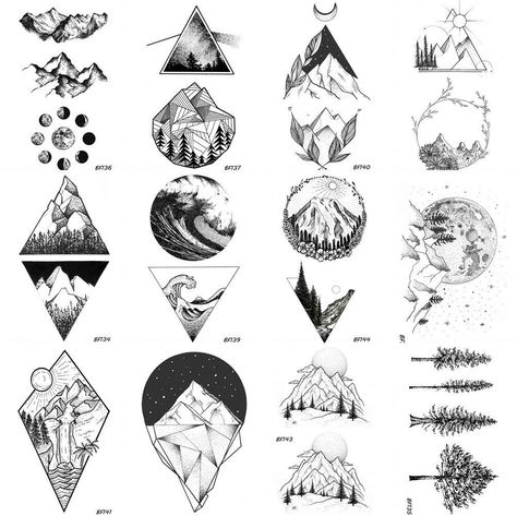 Onda Old School Geometric Tattoo Nature, Triangle Mountain, Element Tattoo, Geometric Mountain Tattoo, Pola Tato, Geometry Triangles, Elements Tattoo, Metallic Tattoo Temporary, Arm Art