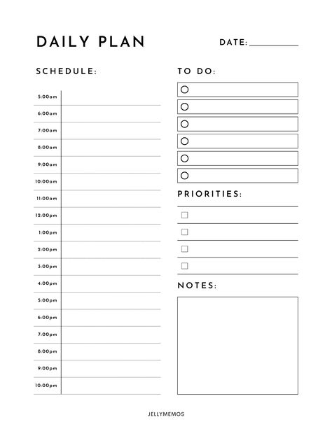 daily planner page with a 5am to 10pm schedule on the left side and to do list, priorities and notes areas on the right side. Daily Planner 5am To 10pm, To Do Study List, Good Notes Daily Planner Template Free, Study Planner Daily, Daily List Template, Day To Day Planner, Daily Routine Schedule Template Free, Daily Printable Planner Free, Daily Planner Printables Free Aesthetic
