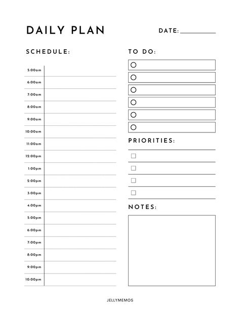 daily planner page with a 5am to 10pm schedule on the left side and to do list, priorities and notes areas on the right side. Daily Planner 5am To 10pm, To Do Study List, Everyday To Do List Template, Study Planner Daily, Daily Routine Schedule Template Free, Daily List Template, Goodnotes To Do List Template, Simple To Do List Template, Day To Day Planner