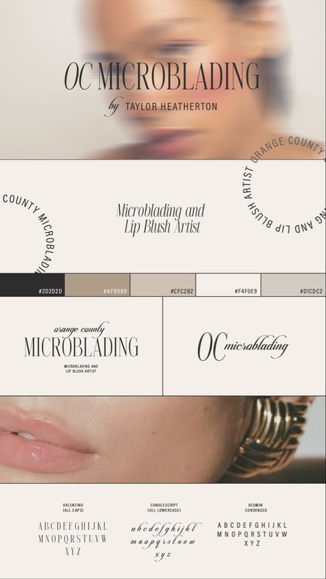 brand board displaying a beauty brands logos, color palette, and typography. Aesthetic is very clean, elegant, and feminine. Logos, Permanent Makeup Logo Design, Pmu Logo Ideas, Brow Branding, Esthetician Branding, Permanent Makeup Artist, Brand Board Design, Makeup Artist Branding, Makeup Logo Design