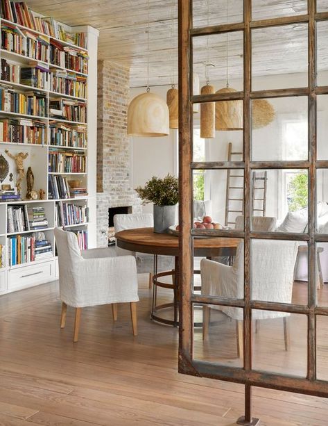 Semi Open Dining Room, Vintage Rustic Living Room, Antique Farm Table, Farmhouse Cozy, Living Interior Design, Reclaimed Wood Beams, Library Wall, Entry Ways, Tile Covers