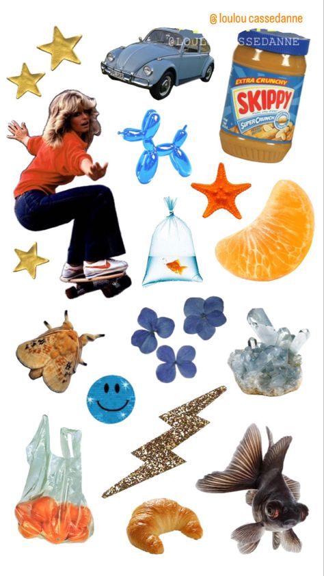 orange blue retro collage stars fish flowers food Retro Collage, Scrapbook Printing, Paper Crowns, Aesthetic Collage, Everyday Objects, Aesthetic Stickers, Journal Covers, Journal Stickers, Collage Sheet