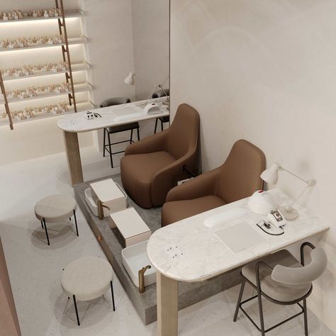 Japanese Nail Salon Interior, Home Salon Set Up, Small Nail Salon Interior Design, Nail Salon Decor Minimalist, Bohemian Nail Salon, Neutral Nail Salon Decor, Tiny Nail Salon, Salon Pedicure Station Ideas, Nail Spa Interior Design Small Spaces