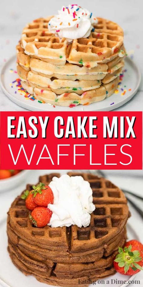 This cake mix waffles recipe is so fun and easy for the kids to make. These cake mix waffles boxes recipe can be made with your favorite flavors: funfetti, chocolate and strawberry. Learn how to make this cake mix waffles recipe with a box cake mix. This recipe is so easy, your kids can make this recipe boxes of cake mix waffles! #eatingonadime #cakemixrecipes #cakemixwaffles #easydesserts #kidrecipes Cake Mix In Waffle Iron, Cake In Waffle Maker, Waffle Iron Cake Recipes, Strawberry Cake Mix Pancakes, Waffle Iron Cake, Waffle Cake Mix Recipe, Cake Mix Waffle Cookies, Waffle Maker Recipes Desserts, Cake Mix In Waffle Maker