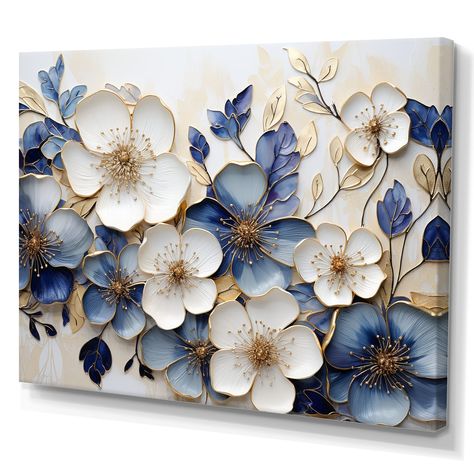 This beautiful "Blue And Gold Minimalism Violets " Canvas Art is printed using the highest quality fade resistant ink on canvas. Every one of our Floral Wall art is printed on premium quality cotton canvas. Many Paintings On Wall, Wall Art Designs Living Room, New Wall Painting Designs, Home Decor Paintings Canvas, Textured Paintings On Canvas, Texture Canvas Art, 3d Canvas Art, Designs For Living Room, Walls Art