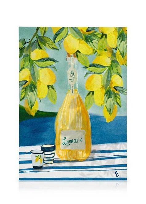 Canvas print of a still life painting depicting a limoncello bottle, glass, lemons and leaves on a blue and white striped surface. A refreshing wall art piece for your home in blue, green and yellow.Depth: 1.26 inThis motif is printed on canvas with a flat surface. Affiches D'art Déco, Gallery Wall Inspiration, Gold Poster, Plakat Design, Gallery Wall Frames, Online Posters, Art Et Illustration, Trendy Wall Art, Limoncello