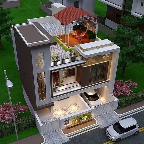 Harpreet Singh on Instagram: “What do you think about this design? Rate this from1-10?? Follow: @preet_architect_21 Tag a friend to share this picture... Follow our…” Minecraft Villa, 3dsmax Vray, 3 Storey House Design, Pelan Rumah, 2 Storey House Design, Small House Design Exterior, Small House Elevation Design, Modern House Facades, Modern Exterior House Designs