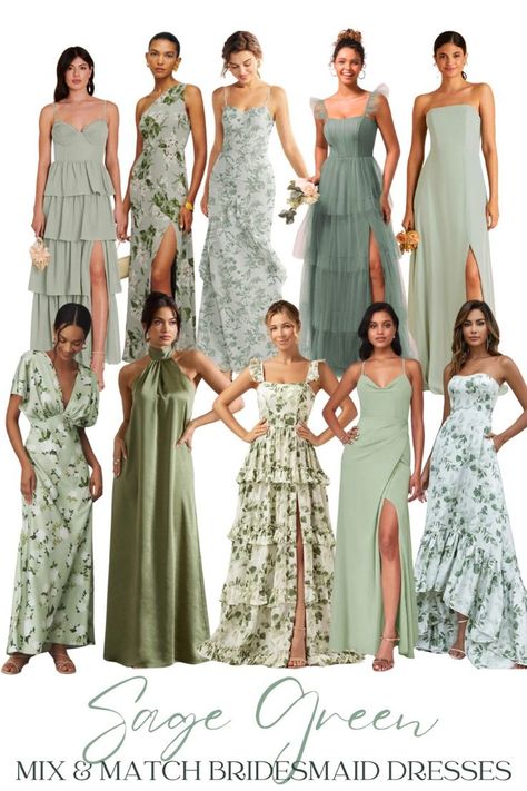 SAGE GREEN BRIDESMAID DRESSES | MIX AND MATCH DRESSES | FLORAL BRIDESMAID DRESSES | SOFT GREEN DRESSES | GARDEN PARTY WEDDING | SPRING WEDDING | SUMMER WEDDING | DESTINATION WEDDING | BRIDESMAIDS Bridesmaid Prenup Outfit, Spring Garden Bridesmaid Dresses, Green And Floral Bridesmaid Dresses, Bridesmaid Printed Dresses, Floral Mixed Bridesmaid Dresses, Different Sage Green Bridesmaid Dresses, Different Textures Bridesmaid Dresses, Color Pallet Bridesmaid Dresses, All Different Green Bridesmaid Dresses