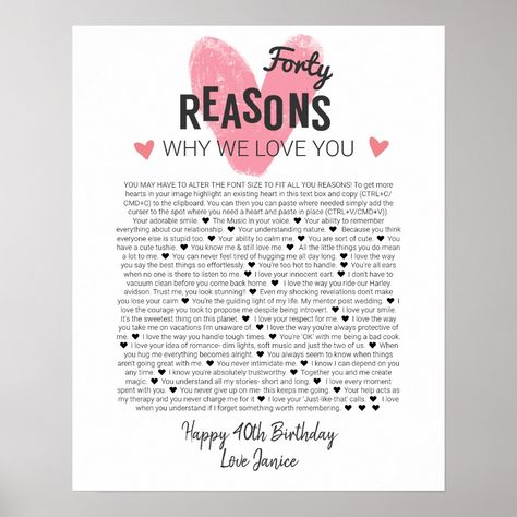 This is a DO IT YOURSELF XX Reasons why we love you. roses reasons we love you, editable 50 Reasons, 60th birthday, editable, 80th birthday, memories, love you, mom, retire You can edit the main body text. Designed by The Arty Apples Limited Birth Poster, Apple Shop, Reasons I Love You, 36th Birthday, Reasons Why I Love You, Vintage Chalkboard, Chalkboard Style, Love You Mom, Things I Love