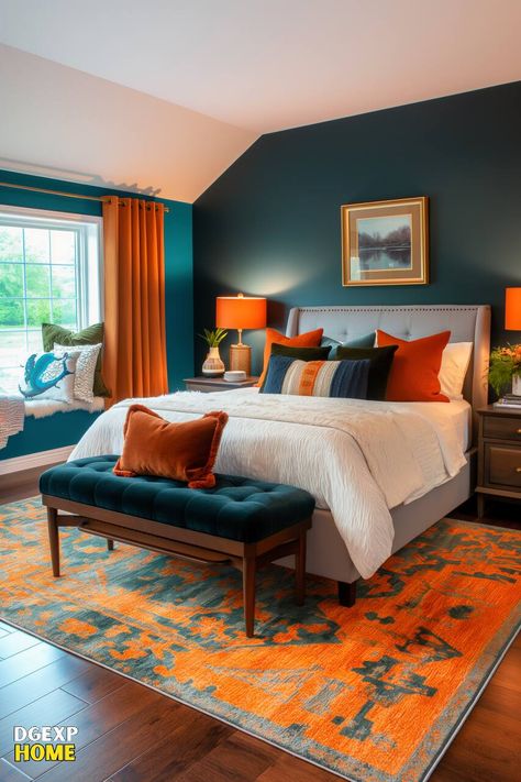 Modern Orange And Teal Bedroom Orange And Teal Bedroom, Teal And White Bedroom, Elegant Modern Bedroom, Sleeping Room Design, Orange Curtains, Orange Bedroom, Teal Bedroom, Living Room Orange, Bedroom Orange