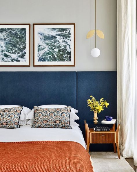 Studio Ashby (@studioashby) • Instagram photos and videos Navy Headboard Bedroom, Blue Headboard Bedroom, Colored Headboard, Deep Blue Bedroom, Post Modern Bedroom, Studio Ashby, Blue Headboard, Bedroom Blue, Blue Living Room Decor