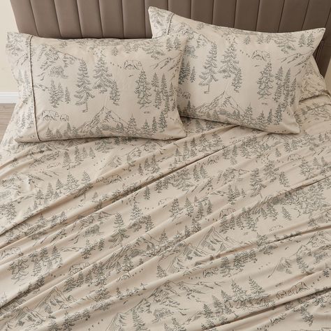 Decorate your bedroom decor with rustic & nature-inspired microfiber sheets. These sheet sets feature a rustic print in beautiful prints that will surely accentuate your lodge-inspired decor. The soft microfiber will feel ultra-soft against your skin, while the pattern will elevate your decor for the new seasons. So grab this sheet set and fall into cozy, soft bed sheets every night. Men’s Bedding Sets, Woodland Duvet Cover, Neutral Queen Bedding, Autumn Bed Sheets, A Frame Cabin Bedroom, Camper Bedroom Makeover, Green Farmhouse Bedding, Green Floral Sheets, Woodsy Bedroom Ideas