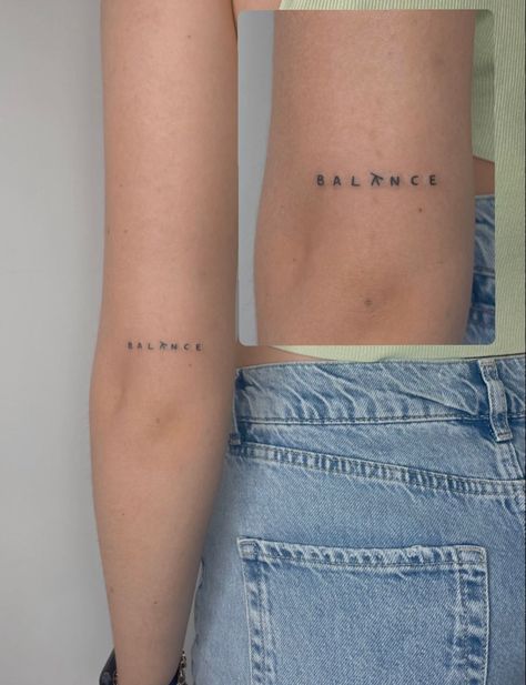 Balance In Chaos Tattoo, Balance Minimalist Tattoo, Tattoos That Represent Balance, Tiny Text Tattoo, Tattoo Ideas Balance, Tattoo Independent Woman, Balance Tattoos For Women, Independence Tattoo Woman, Minimal Text Tattoo