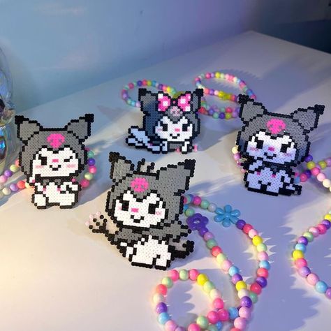 Kuromi Hama Beads, Kuromi Perler Beads, Kandi Projects, Melts Beads, Rave Perler, Kuromi Stuff, Perler Kandi, Perler Necklace, Kandi Necklace