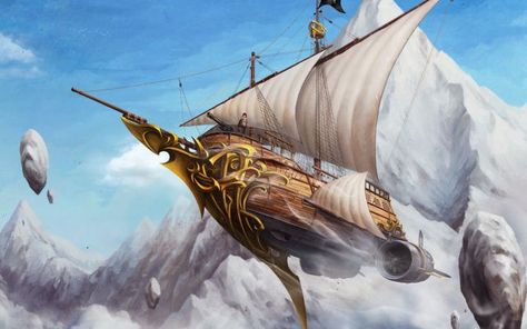 The Sky Pirates (Male!Steampunk Pirate x Female!Reader) Fantasy Airship, Steampunk Kunst, Steampunk Wallpaper, Steampunk Ship, Airship Art, Air Ship, Flying Ship, Steampunk Artwork, Steampunk Airship