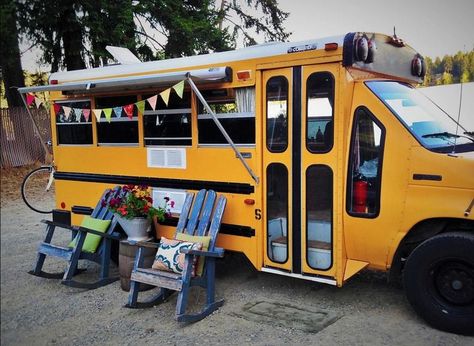 This is the Minette Short Bus Conversion by Von Thompson Creative. The DIY school bus RV is cozy and adorable! I see lots of “normal” bus conversions, but I love seeing what can be done… Short Bus Camper, Bus Camper Conversion, Short Bus Conversion, Camper Conversion Ideas, Short School Bus, School Bus Rv, School Bus Tiny House, School Bus Camper, School Bus House