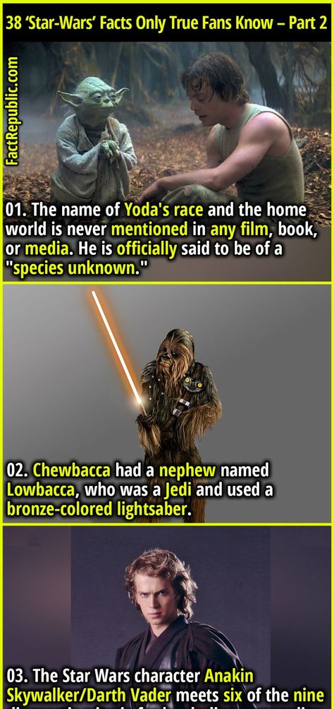 STARWARS FUNFACT DARTHVADER CHEWBACCA YODA New Republic Star Wars, Cat Races, Star Wars Species, Sci Fi Rpg, Fact Republic, Classic Star Wars, Star Wars Books, Star Wars Jokes, Star Wars Facts