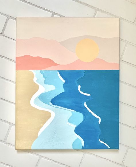 Cute Simple Paintings For Beginners, Simple Beach Canvas Painting Ideas, Easy Canvas Beach Painting, Ocean Aesthetic Painting Easy, Beachy Paintings Aesthetic, Calm Paintings Easy, Personal Paintings Ideas, Ocean Simple Painting, Beach Paintings Aesthetic